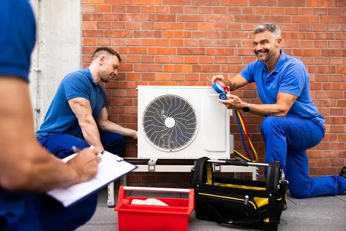 HVAC technicians servicing an outdoor air conditioning unit beside a brick wall